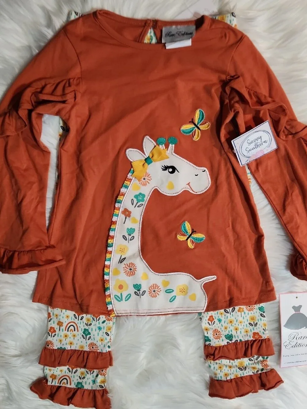 Rare Editions Rust Giraffe Ruffle Top & Printed Leggings - Girls Size: 6